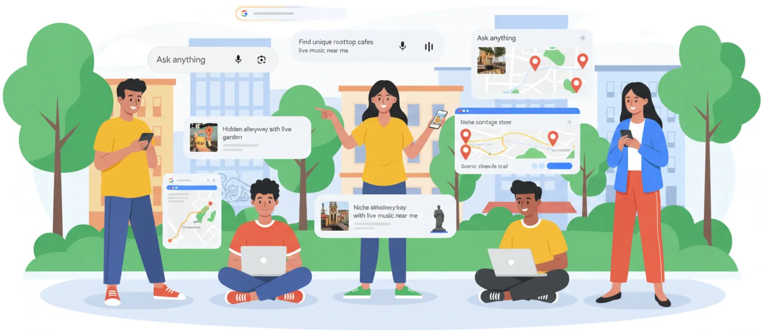 A group of young people using phones and laptops outdoors, with AI-powered search cards and map suggestions appearing around them, representing smart assistance and connected digital experiences.