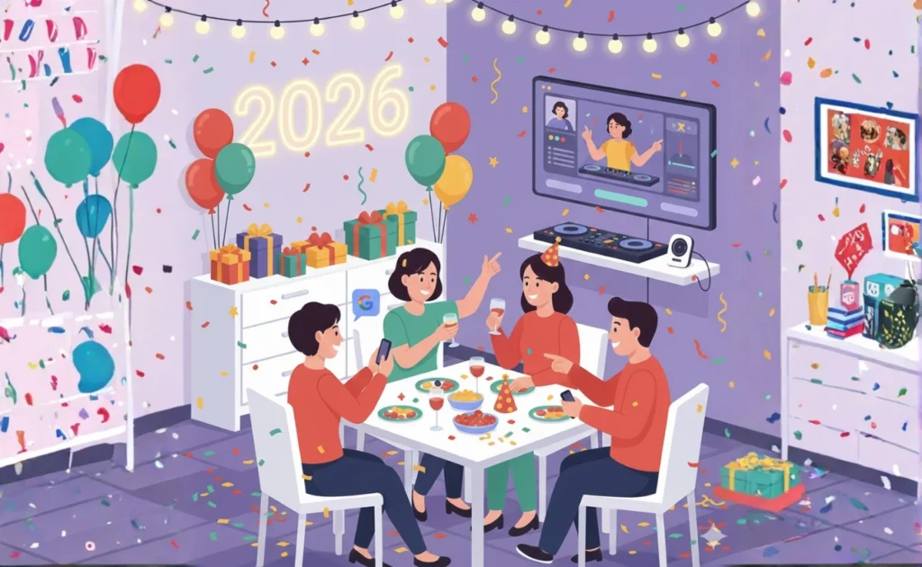 Family celebrating New Year's Eve 2026 party at home with balloons, confetti, video call and festive decorations