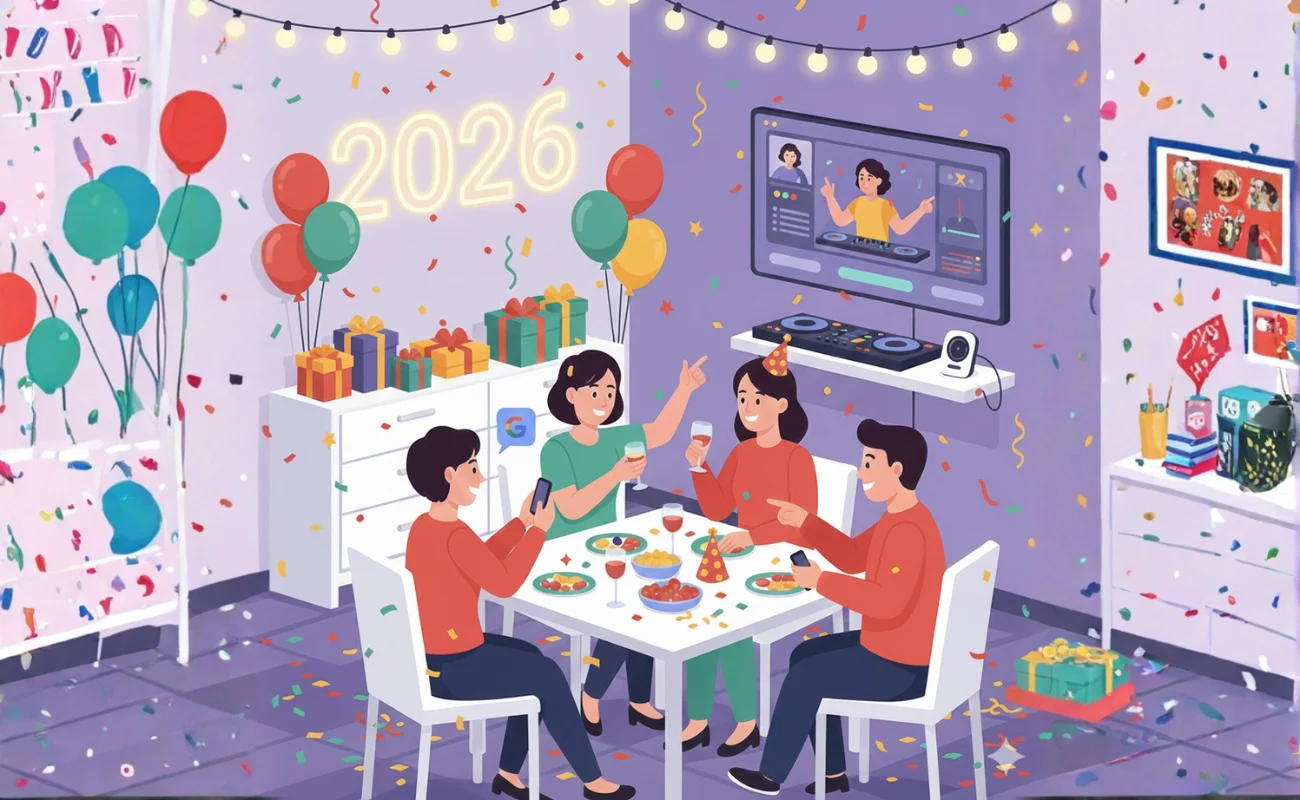 Family celebrating New Year's Eve 2026 party at home with balloons, confetti, video call and festive decorations