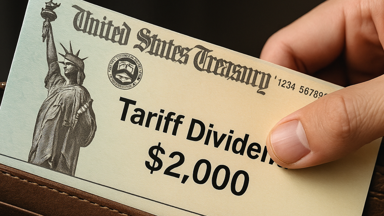 Close-up of U.S. check with “Tariff Dividend” label.