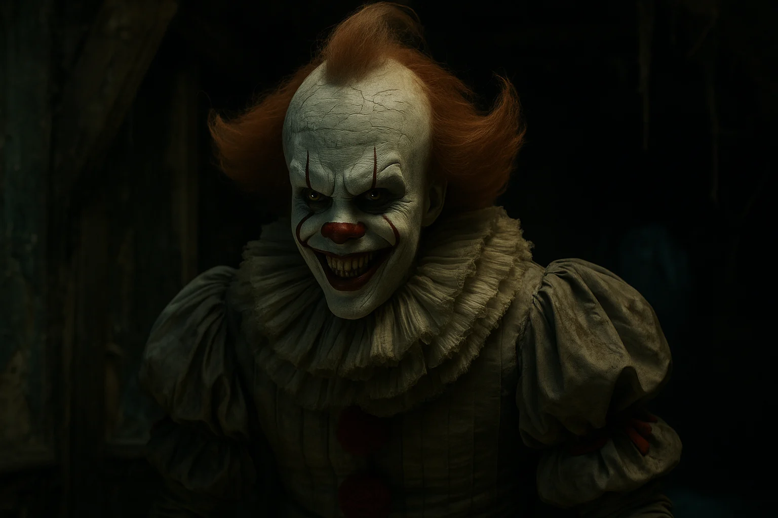 A dark, cinematic shot of a creepy clown standing in a decayed, shadowy environment, with dramatic lighting highlighting its unsettling face and vintage costume