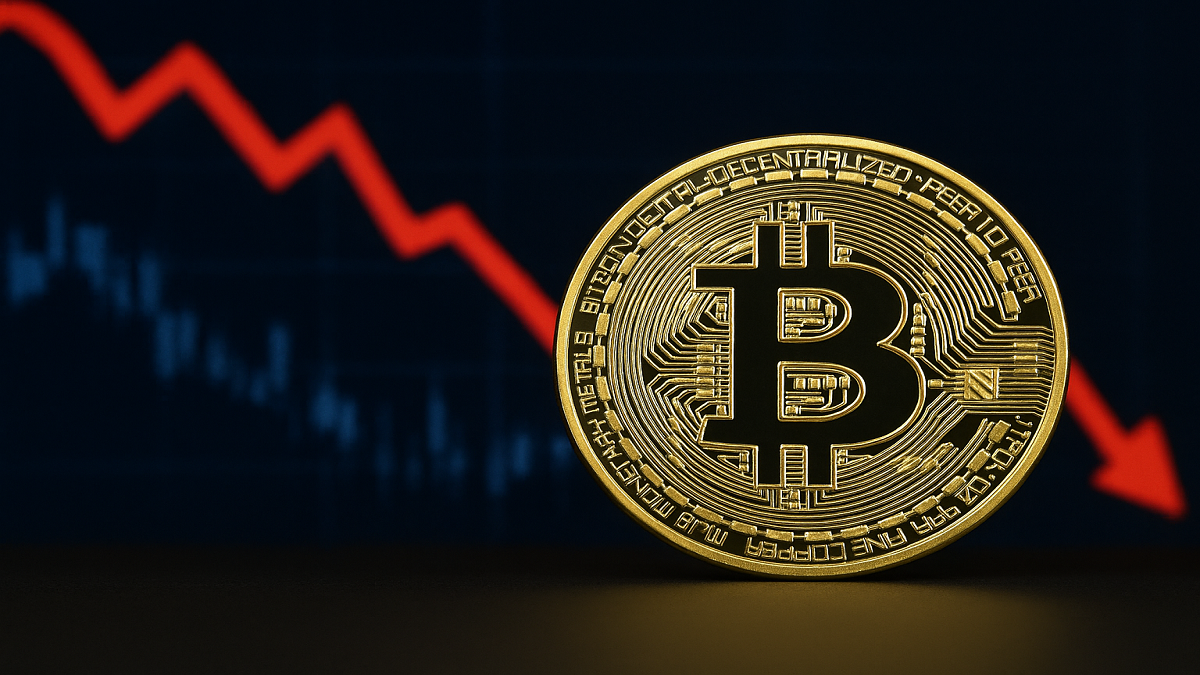 Gold Bitcoin coin in front of a falling red market chart showing cryptocurrency decline