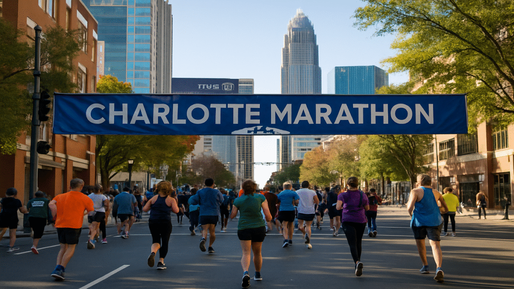Runners participating in a city marathon on closed Charlotte streets during the 2025 Charlotte Marathon event.