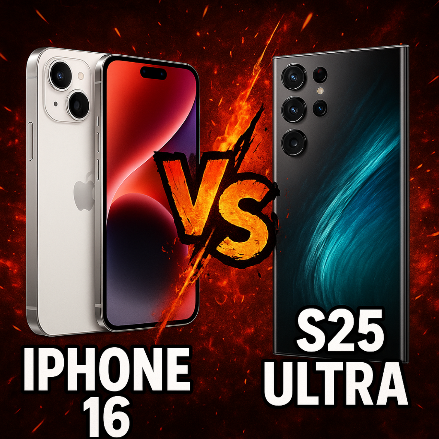 Close-up of Samsung S25 Ultra and iPhone 16 Pro Max being held side by side, showing their camera modules and modern smartphone design