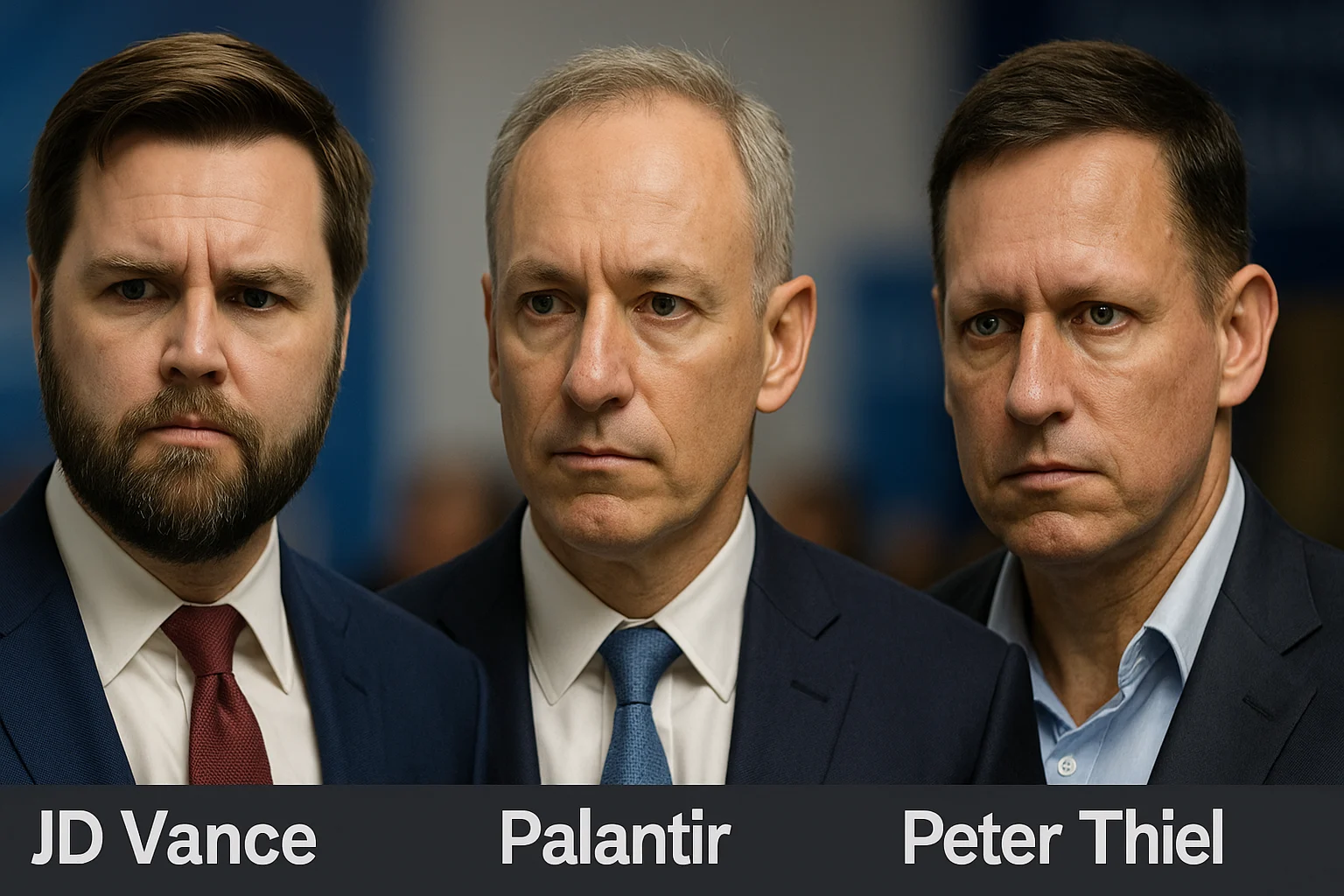 Portrait-style image featuring three serious-looking men in suits, symbolizing JD Vance, a Palantir representative, and Peter Thiel, shown together in a dramatic political-tech setting.