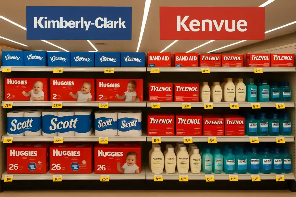 Kimberly-Clark Acquires Kenvue in $48.7B Merger of Top Health Brands 2 A supermarket aisle displaying Kimberly-Clark and Kenvue products together after merger.