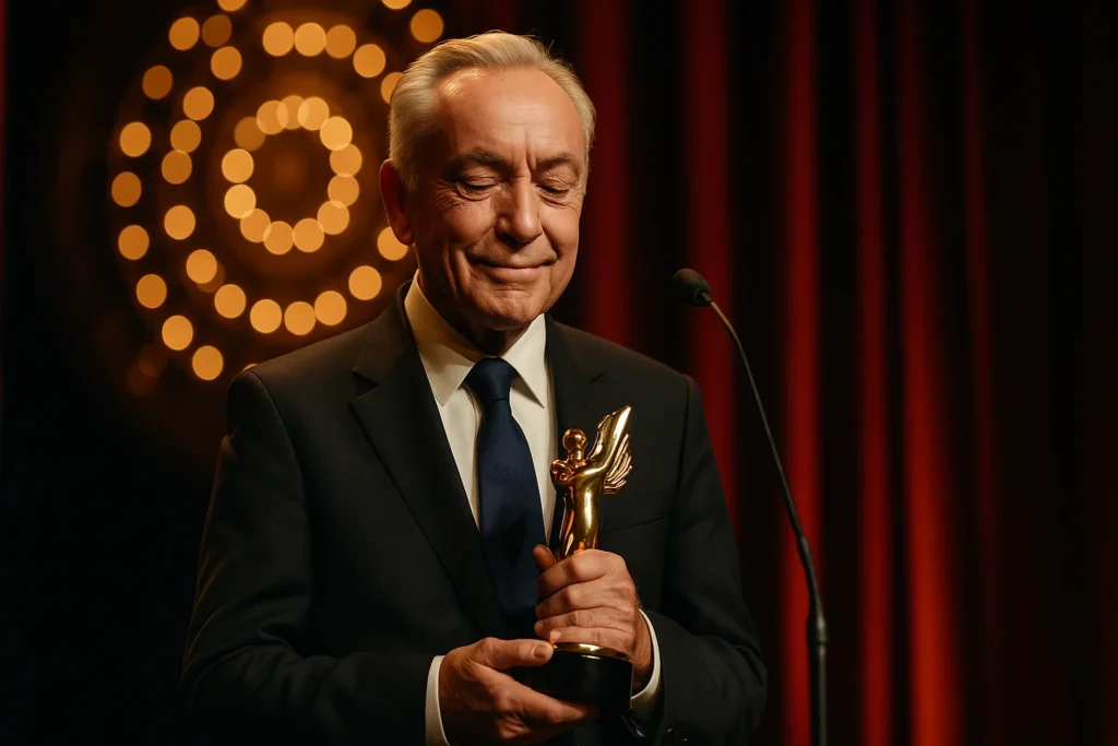 “An elderly man in a suit holding a golden award trophy on stage with warm lights glowing in the background.
