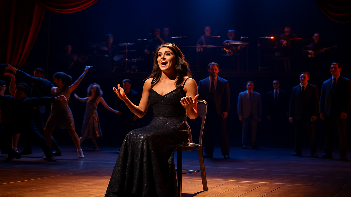 “A dramatic stage performance with illuminated spotlights and actors in a theatrical musical setting, representing a scene from the Broadway revival of ‘Chess.’”