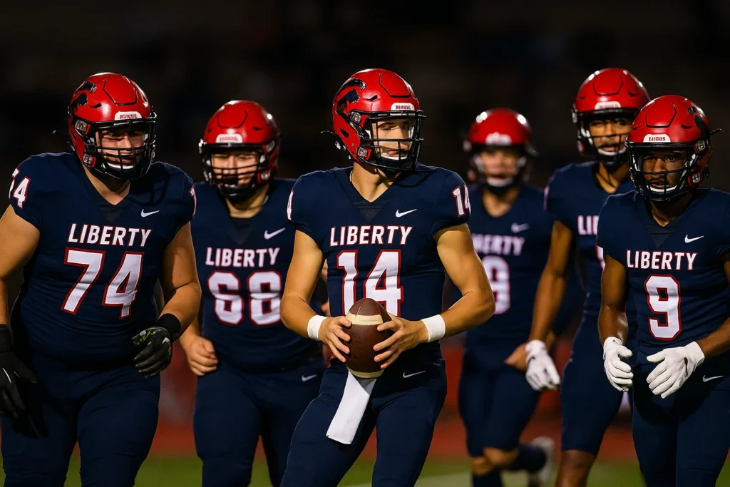 High-resolution photo of Liberty Lions high school football players standing together on a nighttime stadium field under bright stadium lights.