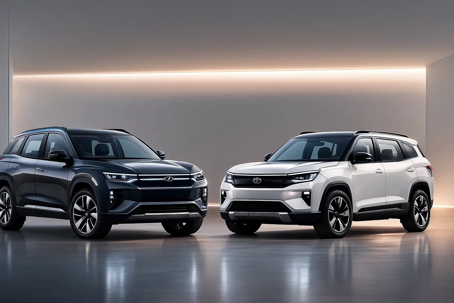 Mahindra XEV 9S and Tata Sierra 2025 electric SUVs displayed in a clean white studio, showcasing front and side profiles with premium LED lighting.