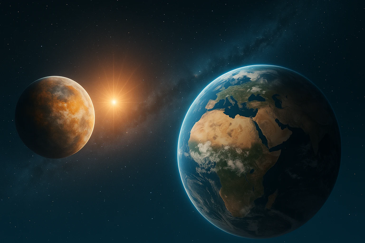 A distant exoplanet illuminated by a bright orange star beside Earth floating in deep space, representing NASA’s search for habitable worlds