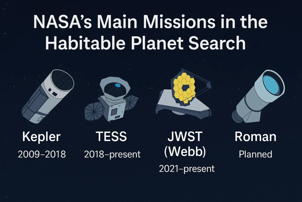 Illustration showing NASA's main habitable planet search missions Kepler, TESS, JWST, and Roman displayed side by side on a dark space-themed background