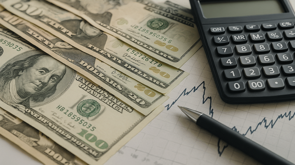 A clean financial scene with money, a calculator, and a savings jar on a desk, symbolizing budgeting and IRS payment updates.