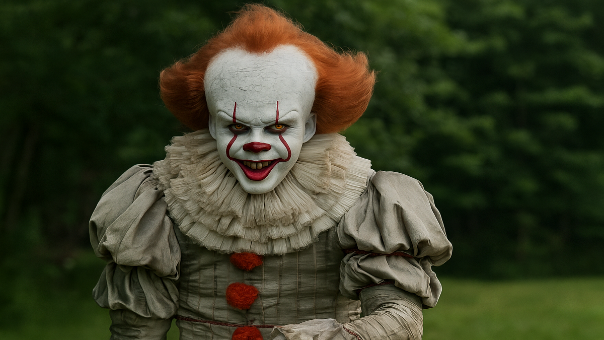 Creepy close-up of Pennywise the Dancing Clown emerging from darkness, representing the origin story revealed in Welcome to Derry Episode 4.