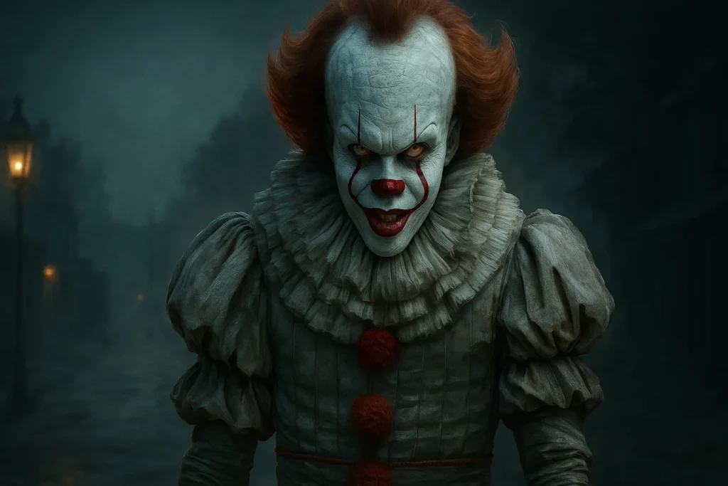 Why These 2025 Stories Shaped America: Medicare, Movies & More 3 Atmospheric horror-style illustration of a sinister clown lurking in a dark, foggy environment inspired by Pennywise from Welcome to Derry, without text