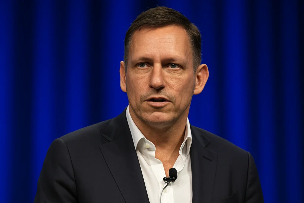 High-resolution portrait of Peter Thiel, the tech billionaire and co-founder of Palantir, shown in a formal setting with a focused expression.