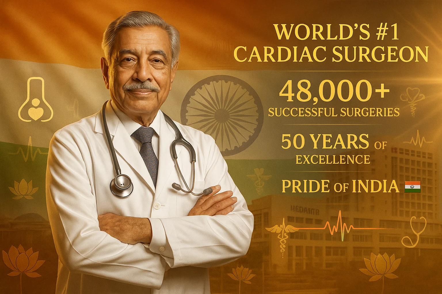 Elderly Indian cardiac surgeon in a white coat standing with folded arms, backed by a soft Indian flag overlay with Ashoka Chakra, golden icons, lotus motifs, and Medanta hospital, with glowing text showcasing his accomplishments.