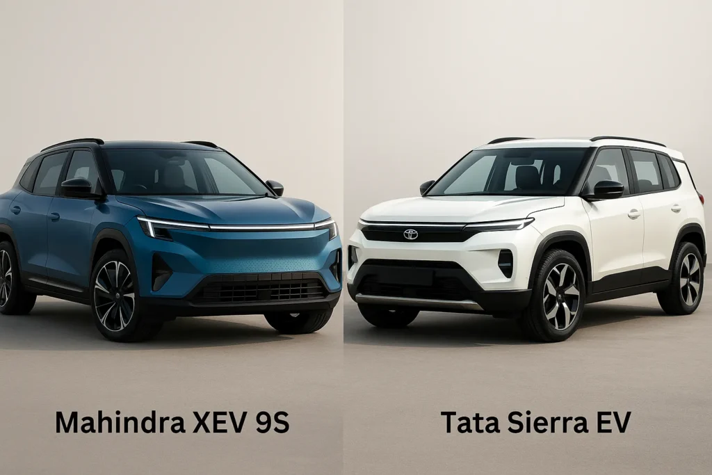 Side-by-side comparison image featuring the Mahindra XEV 9S in metallic blue and the Tata Sierra EV in white, both parked in a clean studio setting. The picture highlights the front design, LED lighting profiles, wheels, and modern electric SUV styling, offering a clear visual contrast between the two models.