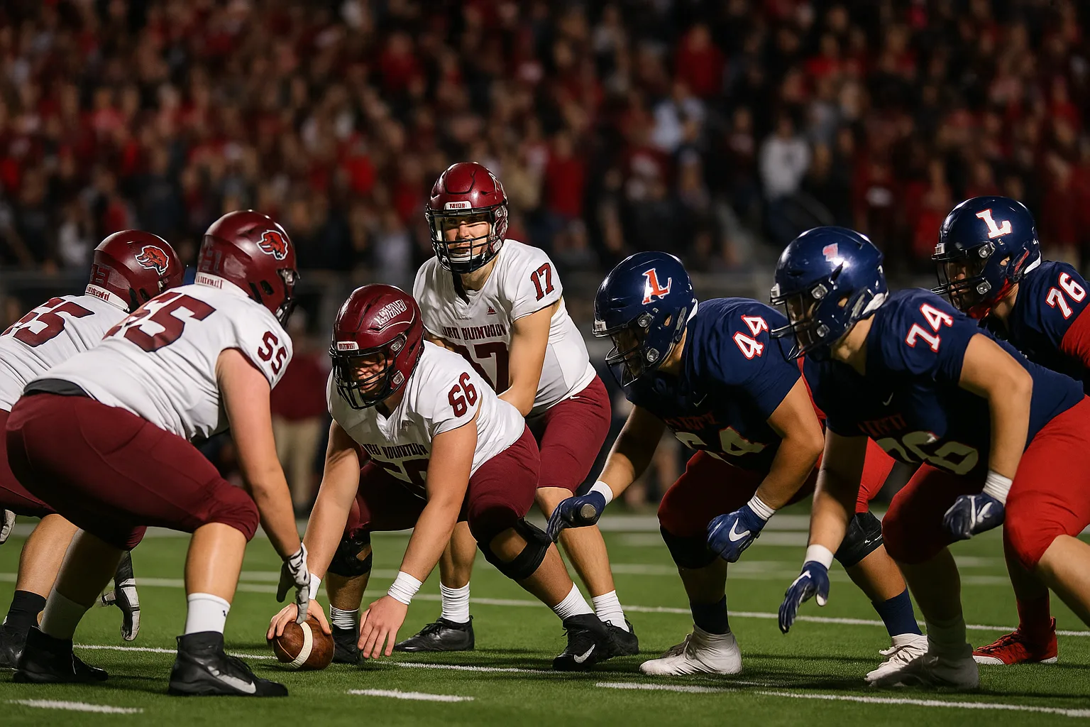High school football players in action during the Red Mountain vs Liberty playoff game, captured in a dramatic mid-play moment