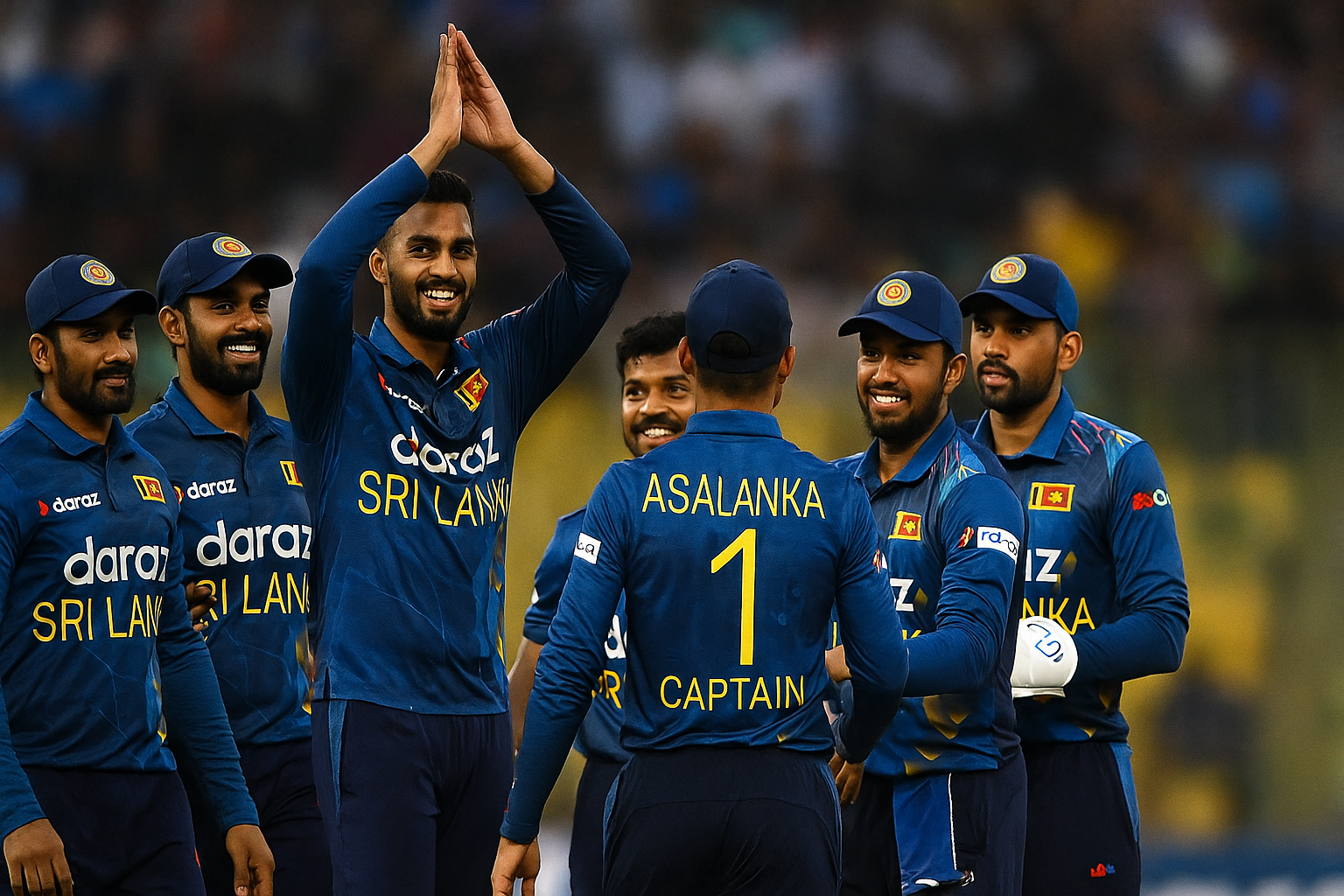 Sri Lankan cricket players celebrating together during an ODI match, wearing blue team uniforms on the field.