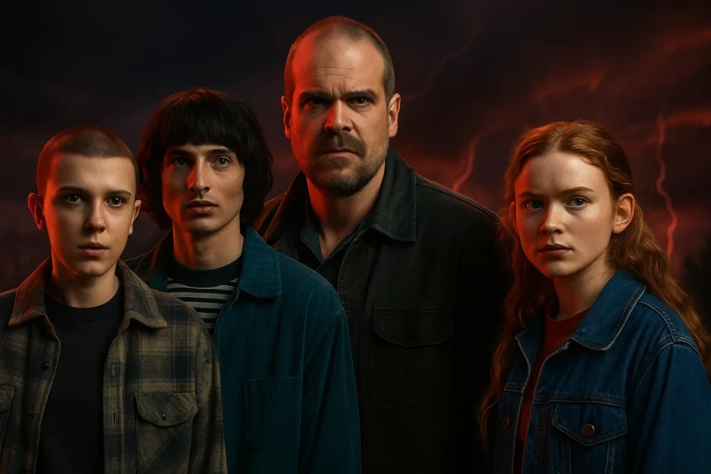 Stranger Things 5 main cast standing together against a dark stormy red sky — featuring Eleven, Mike, Hopper, and Max in a dramatic, cinematic group portrait.