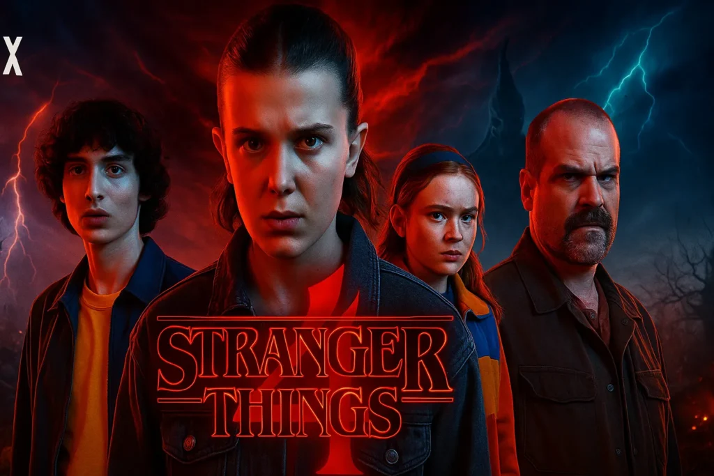 High-quality promotional image featuring core characters from Stranger Things 5 standing against a dark, stormy Upside Down background.