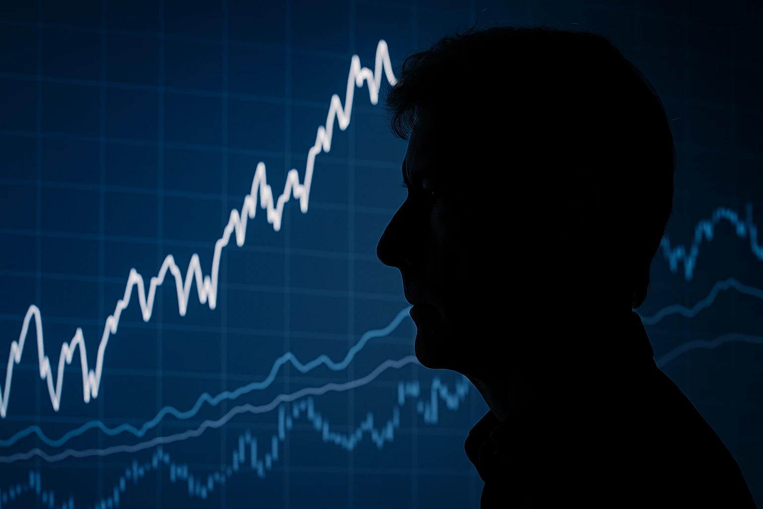 Silhouette of a man analyzing rising financial market charts on a blue digital screen