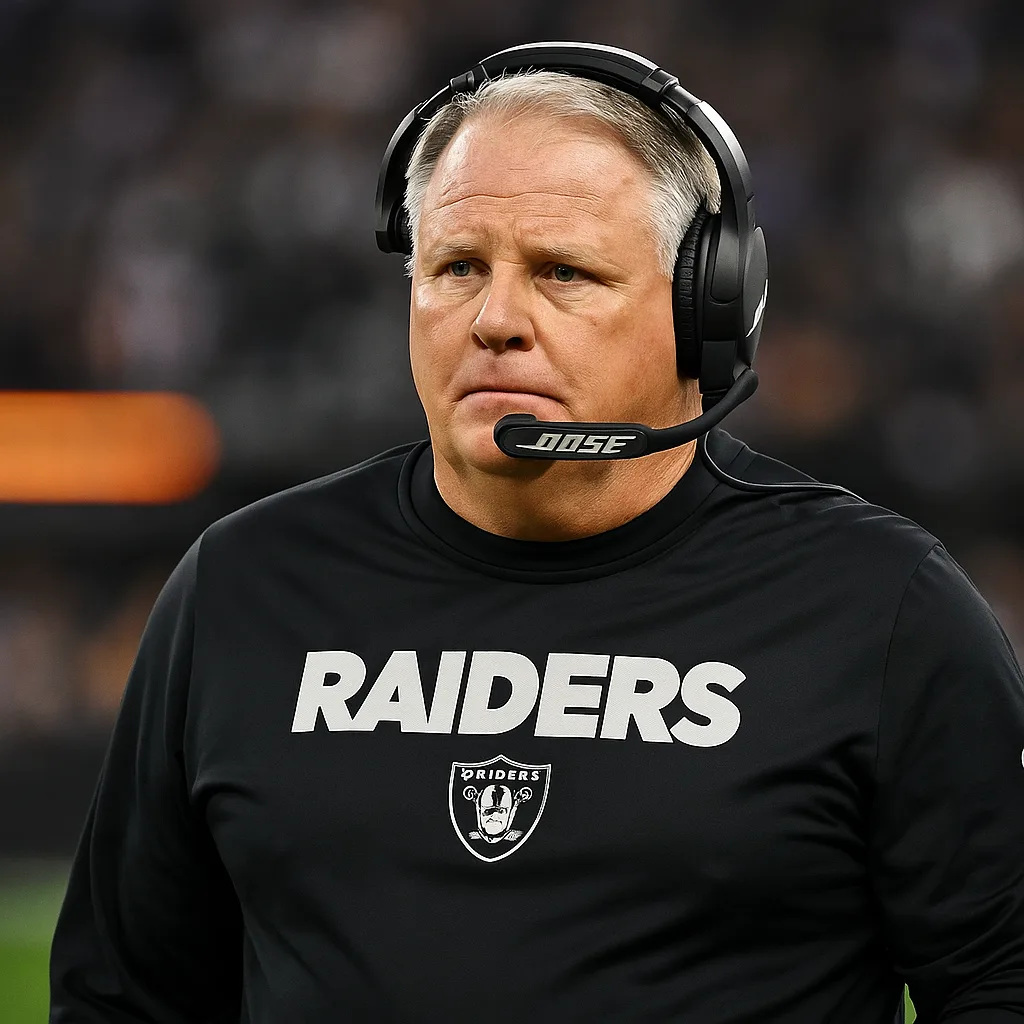 Raiders Fire Chip Kelly as 2025 Season Collapses 3 A middle-aged football coach wearing a headset and a black Raiders sweatshirt stands on the sideline during a game, with a blurred stadium crowd in the background.
