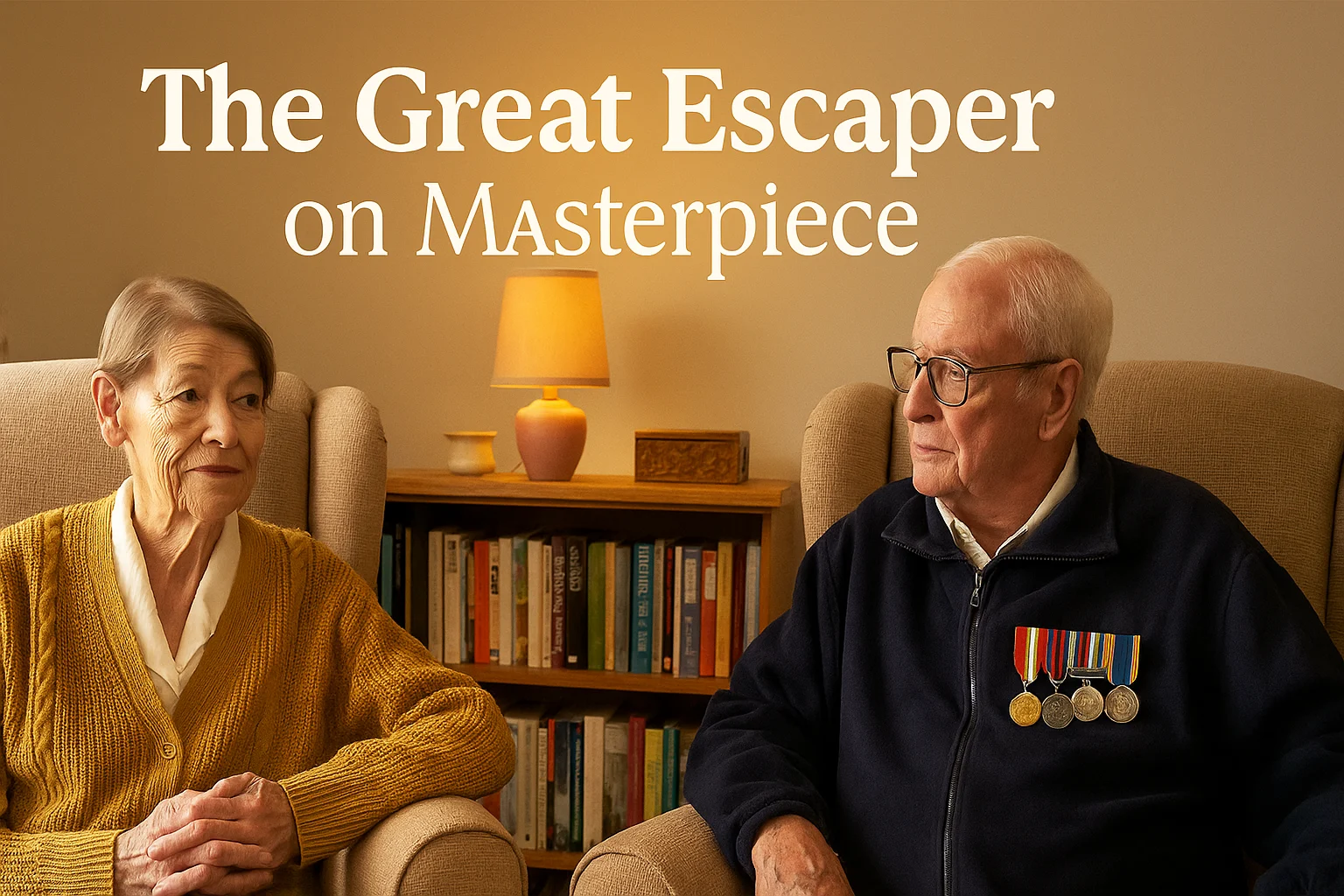 Michael Caine and Glenda Jackson sitting together in armchairs in a warm living room scene from The Great Escaper.