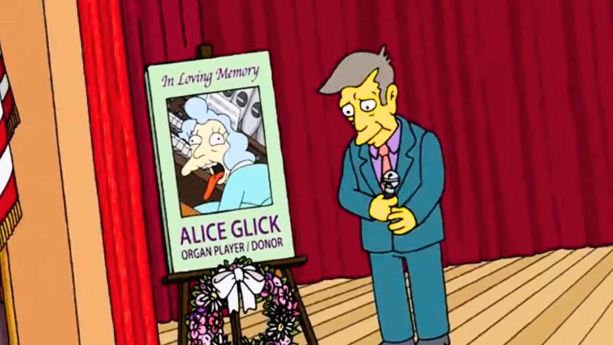 “Alice Glick collapses and dies during a church sermon in The Simpsons Season 37 episode.”