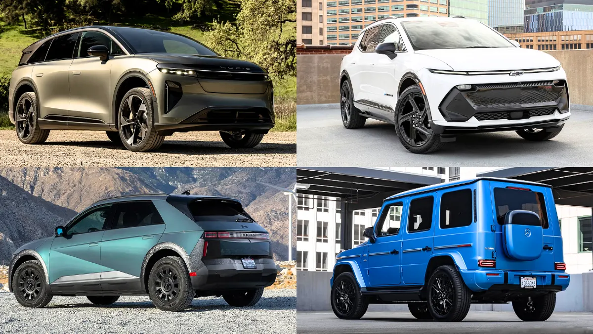 Three 2025 electric SUVs parked side-by-side showcasing modern EV design and full electric powertrain technology