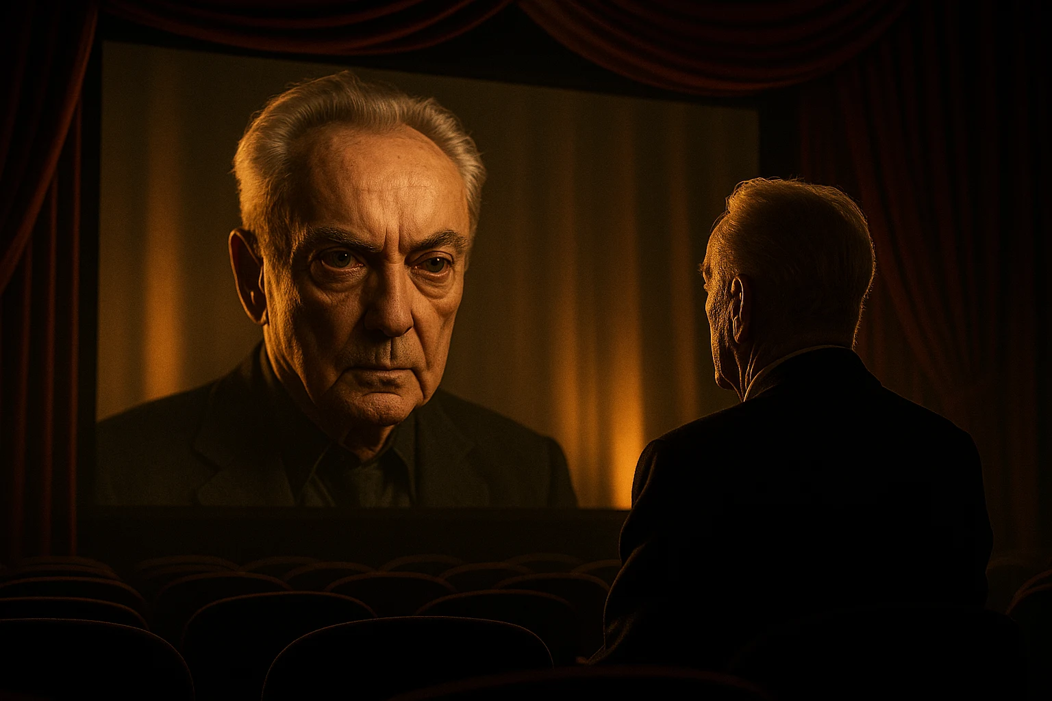 A cinematic tribute image featuring legendary German actor Udo Kier, highlighting his iconic legacy in international film, known for his striking presence and memorable roles in cult classics, horror films, and European cinema