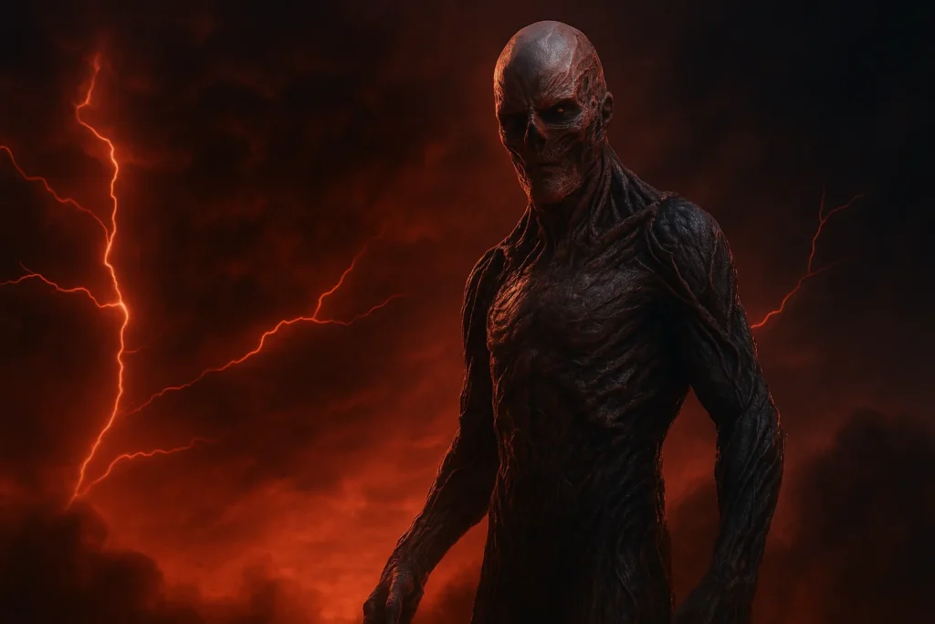 A highly detailed, photorealistic image of Vecna from Stranger Things standing in a dark red storm with lightning flashing behind him.