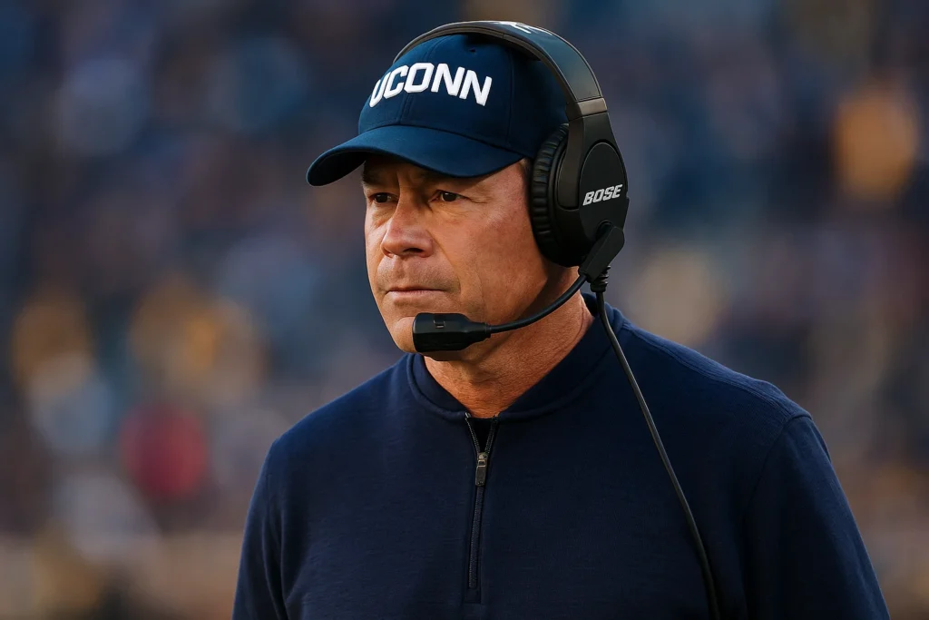 A focused Jim Mora wearing a Colorado State cap and headset on the football sidelines during a game.