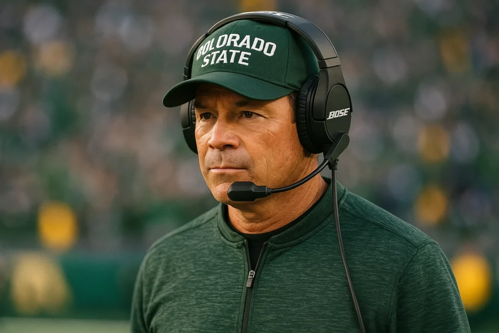 Jim Mora in Colorado State attire with a headset, looking serious during an intense decision-making moment on the field.