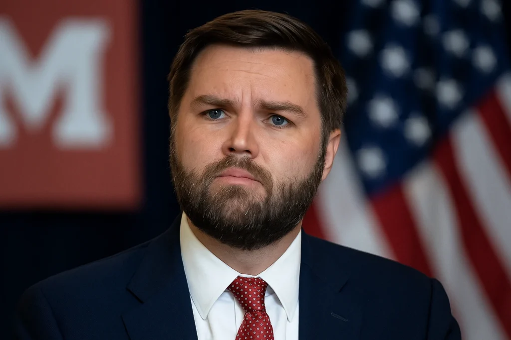 Portrait of JD Vance at a public event with an American flag in the background