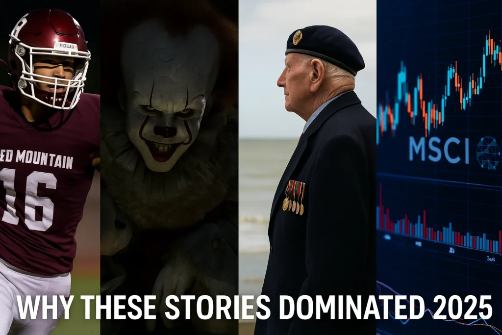 Big Stories 2025: Pennywise Reveal, Great Escaper & Market Shock 3 A four-panel collage showing a Red Mountain football player, Pennywise from It: Welcome to Derry, veteran Bernard Jordan from The Great Escaper, and a stock market MSCI chart — representing major trending stories of 2025