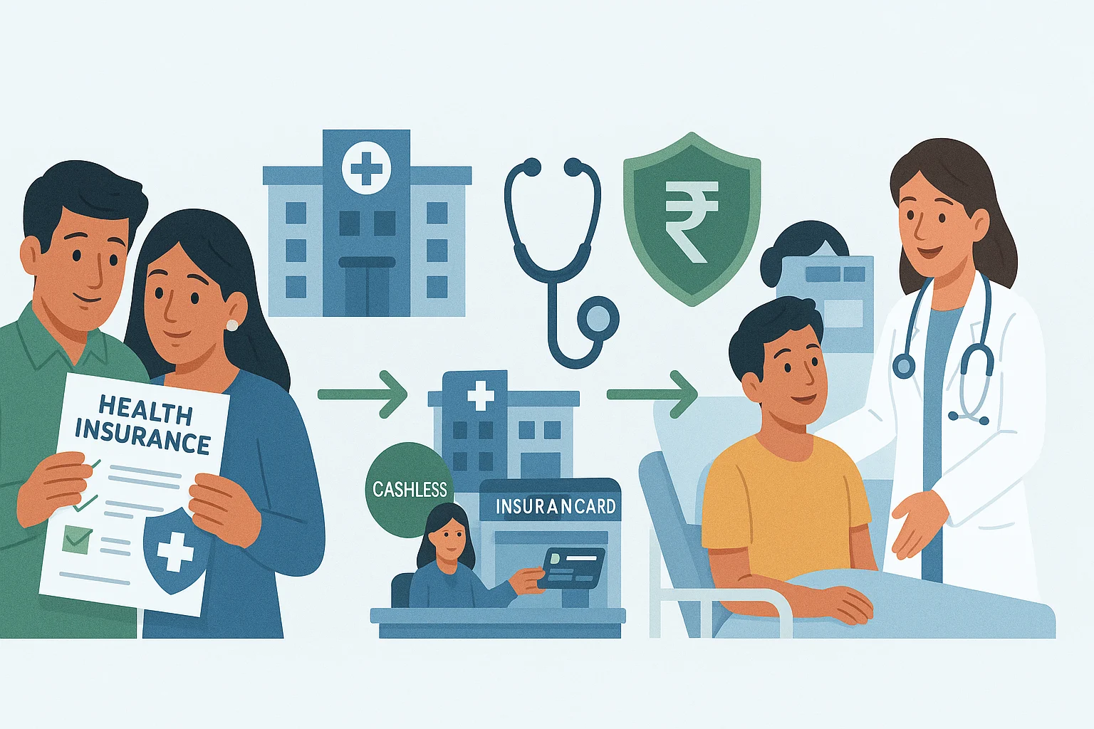 Infographic showing how health insurance works in India with step-by-step process from buying policy to receiving cashless treatment at network hospitals, including pre-authorization and claim settlement