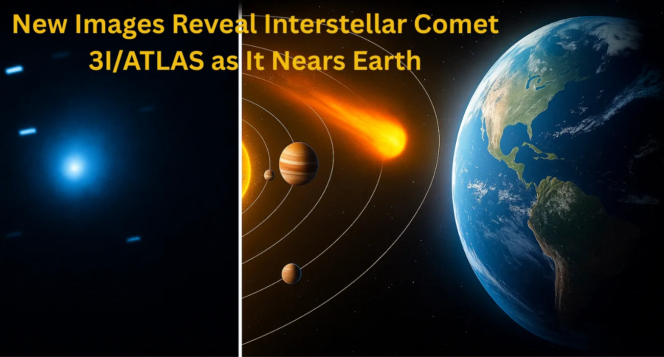 NEW IMAGES REVEAL INTERSTELLAR COMET 3I/ATLAS AS IT NEARS EARTH interstellar comet 3I/ATLAS as it travels through our solar system on a rare inbound trajectory. The visuals highlight the comet’s glowing coma, elongated tail, and its path relative to Earth and nearby planets