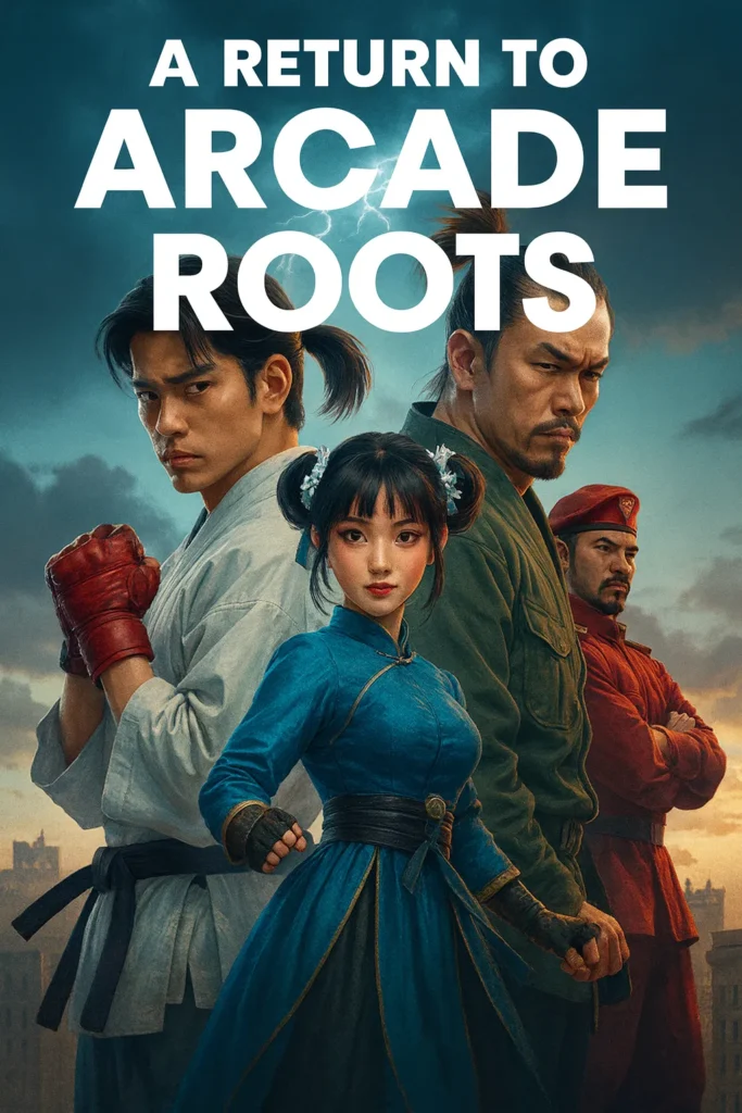 “A Return to Arcade Roots” celebrates classic fighting-game energy with retro-inspired characters, intense battles, nostalgic aesthetics, and modern cinematic flair, blending old-school arcade spirit with fresh visual storytelling for today’s gamers.