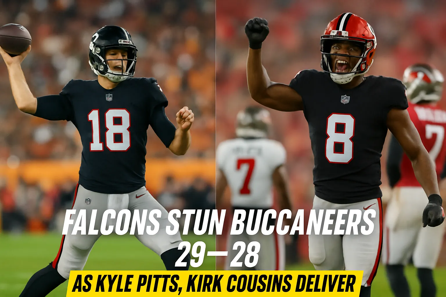 Kyle Pitts and Kirk Cousins powered a thrilling Falcons comeback, combining explosive plays, clutch execution, and late-game composure to edge the Buccaneers 29–28 in a dramatic, high-intensity showdown.