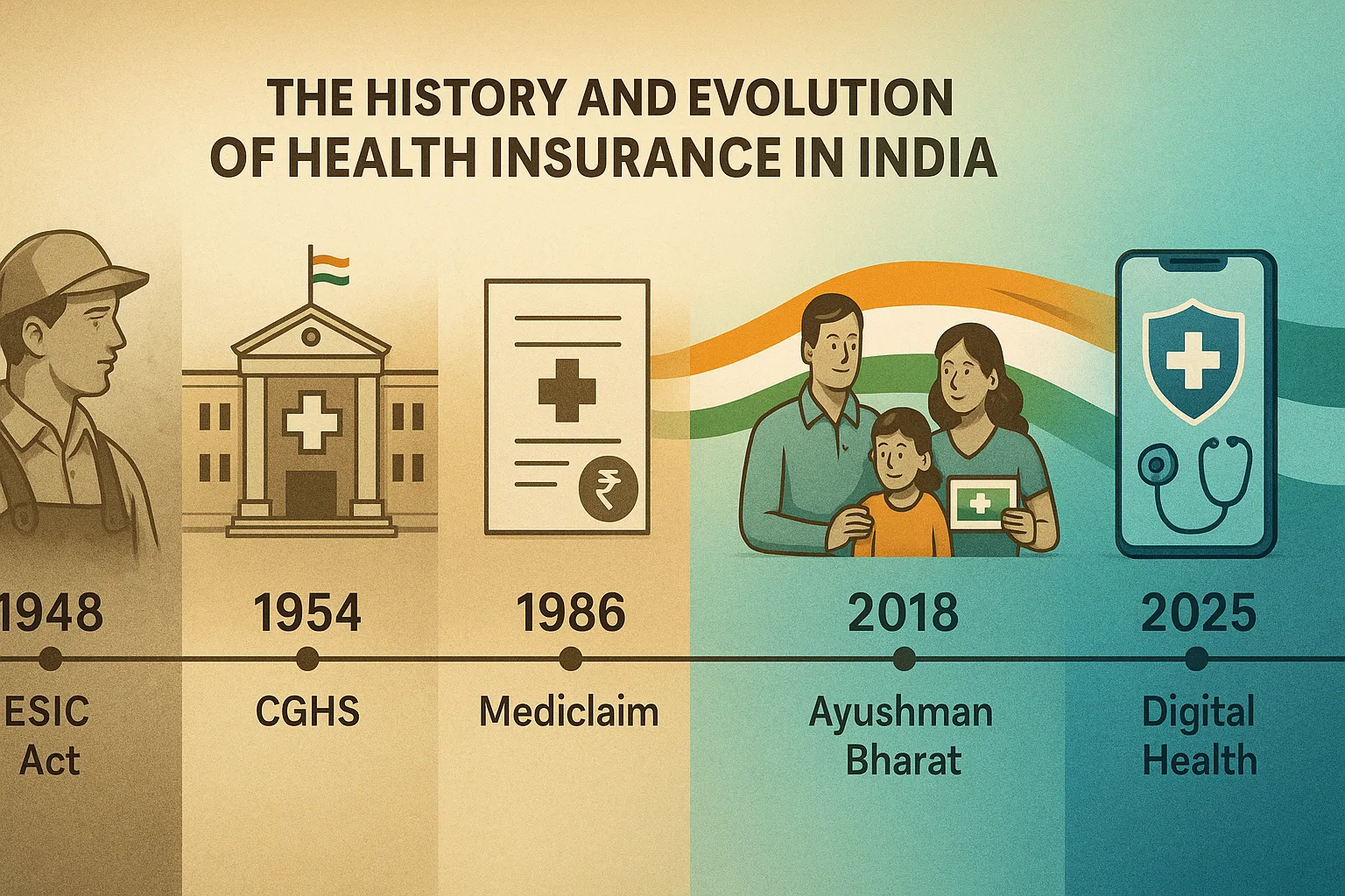 llustrated horizontal timeline showing the evolution of health insurance in India from 1948 to 2025, transitioning from sepia vintage visuals to modern digital healthcare icons. Includes ESIC Act, CGHS, Mediclaim, IRDA reforms, Ayushman Bharat family, and a digital health smartphone app.