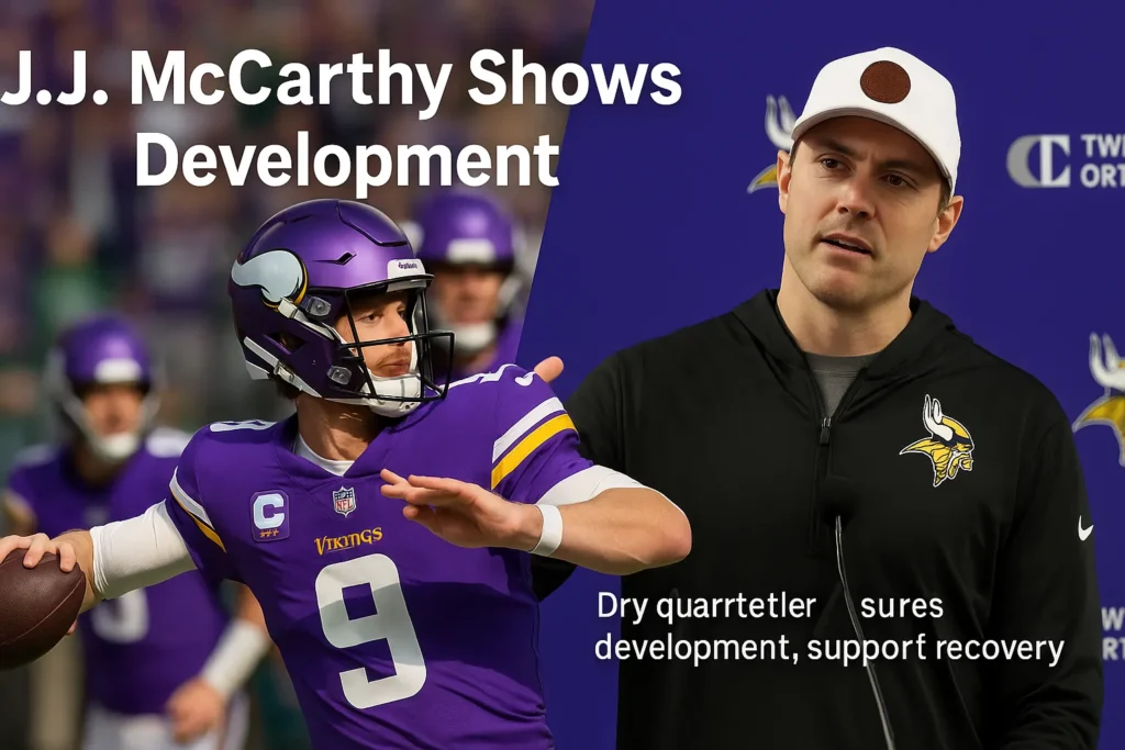 J.J. McCarthy continues to show development through improved decision-making, command of the offense, increased confidence, and steady on-field leadership, signaling positive growth and long-term potential at quarterback for his team.