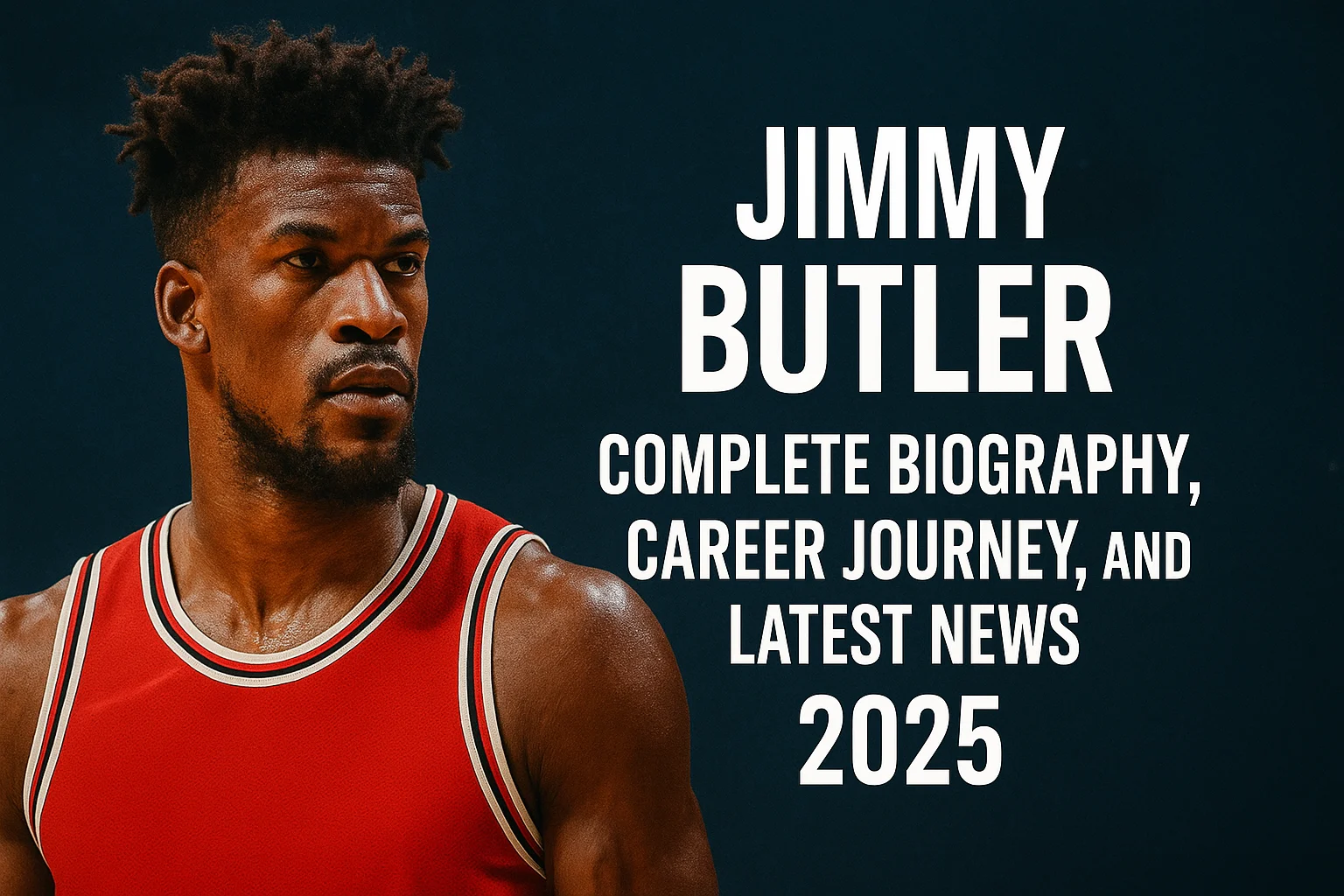 Portrait-style graphic of Jimmy Butler in a red basketball jersey, looking determined against a dark blue background, with bold white headline text about his biography, career journey, and 2025 updates.