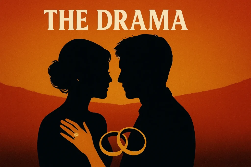 A cinematic A24-style illustration featuring dramatic silhouettes, intertwined wedding rings, and warm sunset tones, symbolizing love, tension, and mystery at the heart of ‘The Drama’s’ chaotic wedding-week romance.