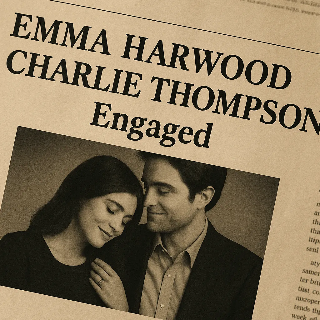 A vintage-style newspaper engagement announcement featuring Emma Harwood and Charlie Thompson, showcasing a tender sepia portrait and bold headline, perfectly capturing the film’s clever marketing stunt and romantic storytelling tease.