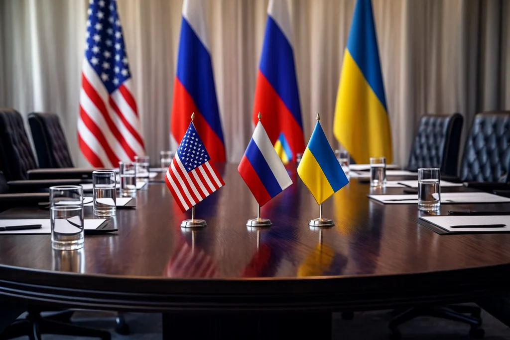 US, Russian, and Ukrainian flags placed on a diplomatic meeting table prepared for peace negotiations.