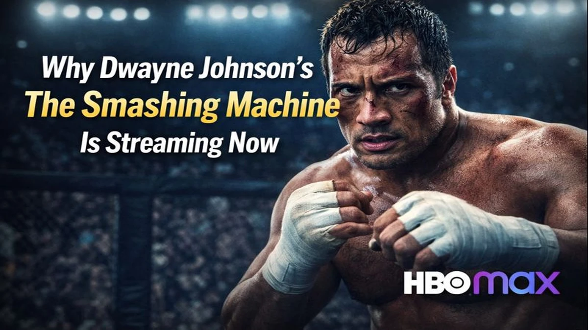 Dwayne Johnson as MMA fighter Mark Kerr in The Smashing Machine, shown in a boxing stance inside a fight arena, promoting the film now streaming on HBO Max.